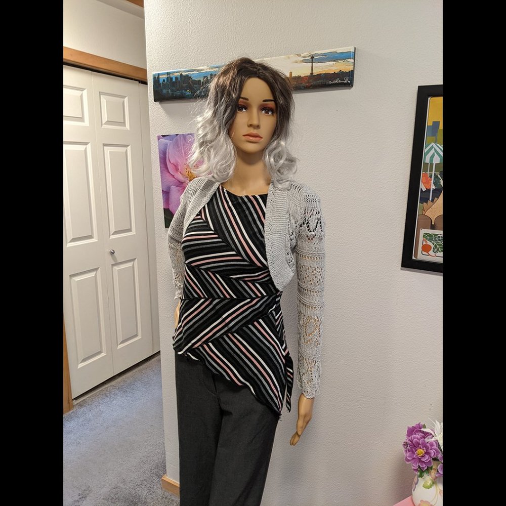 FIORLINI INTERNATIONAL Pink, white, grey, and black Striped Asymmetrical Blouse - Picture 7 of 9